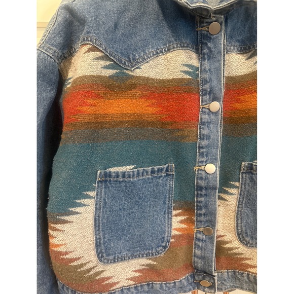 Vintage Southwestern Blanket Panel Denim Jacket Western Aztec Medium Wash read - Picture 2 of 11